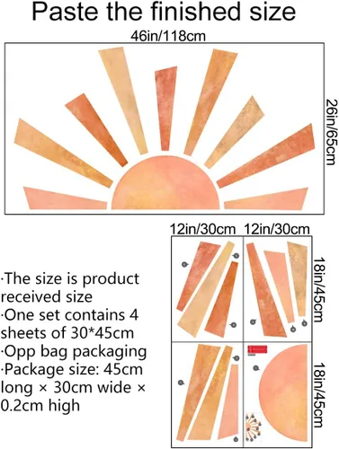 Miniatura 2 de Calcomanías de pared de medio sol de 46 x 26 pulgadas, removibles, grandes, bohemias, para pared, acuarela, pintadas a mano, vinilo para despegar