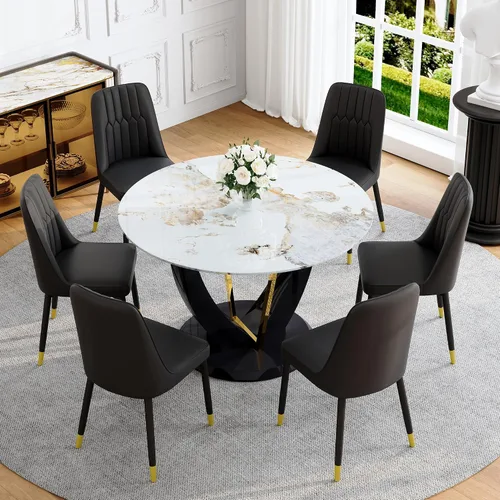 Miniatura 38 de Juego de mesa de comedor redonda para 4, mesa moderna de 48" con tapa de mármol sintético falso y pedestal brillante negro, juego de mesa de cocina