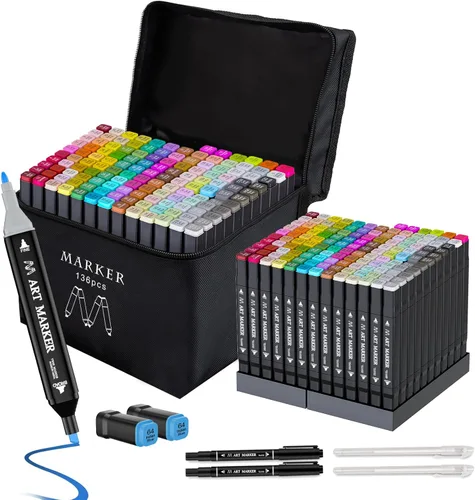 Banral Set de marcadores de alcohol, 136 colores con punta doble a base de alcohol para artistas, marcadores permanentes para dibujo, bocetos e