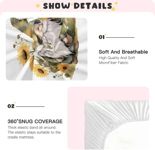 Miniatura 5 de Fitted Crib Sheets Gnome Sunflowers Mini Crib Sheets for Boy & Girl Toddler Mattress Sheets Playard Sheet 21216174