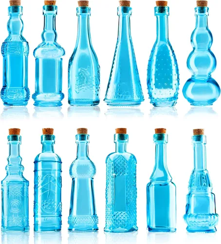 BULK PARADISE Botellas de vidrio vintage pequeñas azules con corchos, mini jarrones, decorativo, poción, diseño surtido, juego de 12 piezas, 4.6