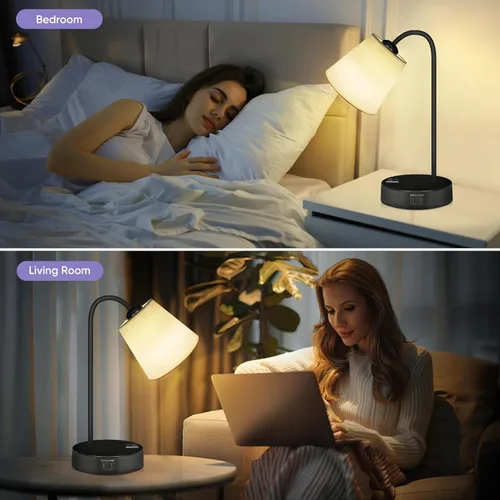 Miniatura 6 de Juego de 2 lámparas de mesa industriales para dormitorio, lámpara de noche táctil regulable de 3 vías para mesita de noche con puertos USB C+A