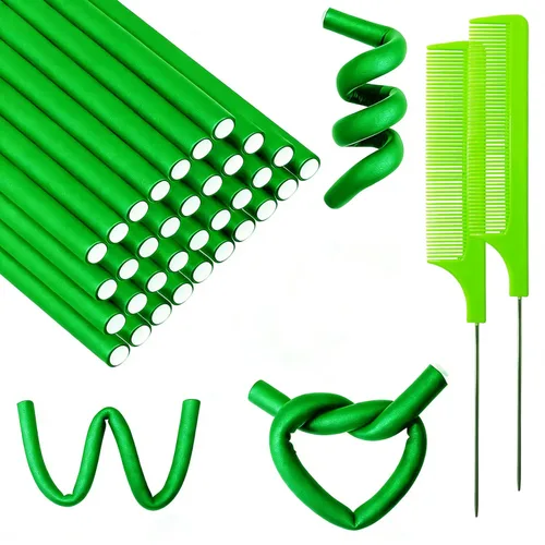 Miniatura 11 de 60 varillas flexibles para rizar, de espuma giratoria, sin calor, rodillos de pelo y peine de cola de rata de acero para cabello largo y corto
