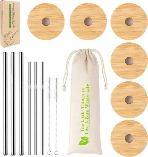 Miniatura 9 de Tapas de tarro Mason con orificio para pajita, tapas de bambú para lata de cerveza de vidrio, CNVOILA ECO tapas de tarro de bambú reutilizables