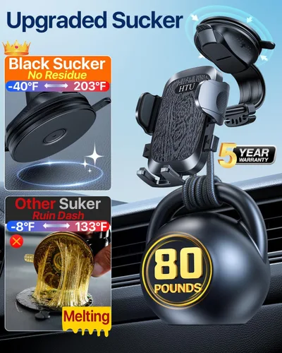Miniatura 2 de HTU Soporte de teléfono de automóvil con succión más fuerte mejorado, brazo flexible, soporte giratorio para teléfono celular para salpicadero, Negro