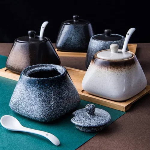 Miniatura 6 de Cabilock Azucarero japonés de cerámica, recipiente de condimento vintage, tarro de almacenamiento de sal con tapa y cuchara para cocina, Moca