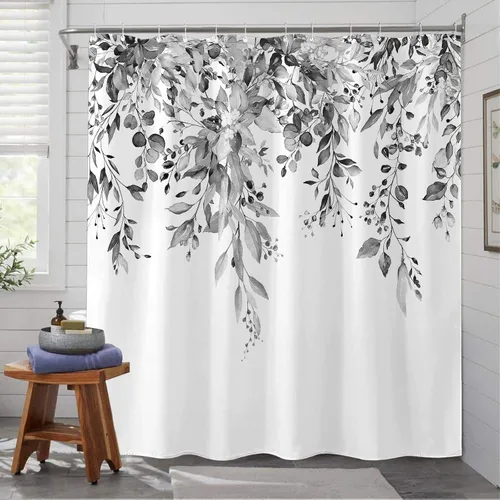 Miniatura 9 de kampdream Cortina de ducha de plantas de eucalipto gris y blanco, hojas de acuarela en la parte superior, cortina de baño botánica, 72 x 72 pulgadas