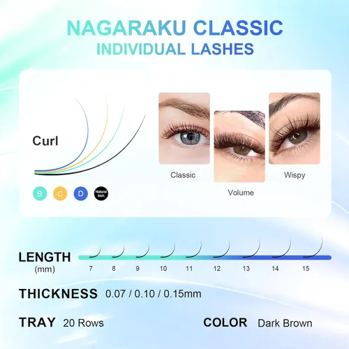Miniatura 7 de NAGARAKU Extensiones de pestañas de color marrón oscuro 0.003 in, rizo B, 0.276-0.591 in, bandeja mixta, pestañas individuales, volumen de visón