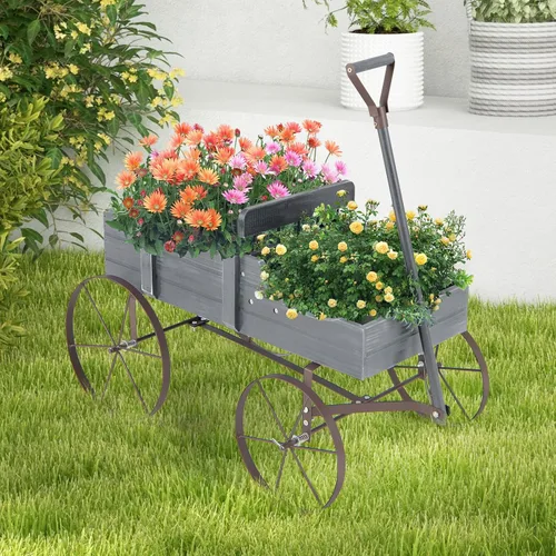 Miniatura 2 de Giantex Maceta decorativa para jardín, carrito pequeño con ruedas de metal, camas elevadas de madera, soporte para macetas para patio trasero, Gris