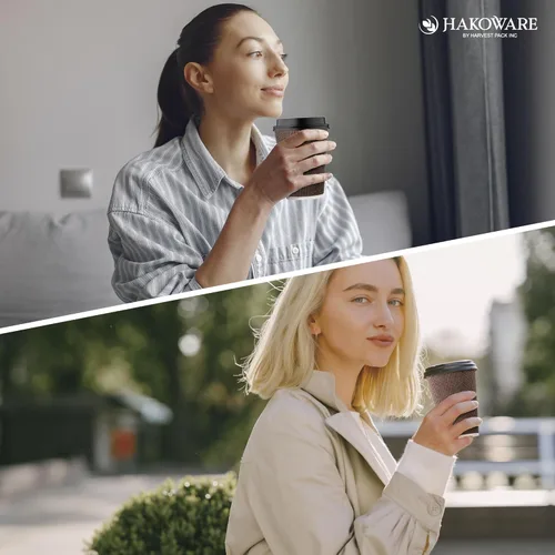 Miniatura 6 de Paquete de 100 tazas de café desechables de 12 onzas, taza de papel de doble pared con tapa con ondulación aislada, diseño geométrico marrón, té