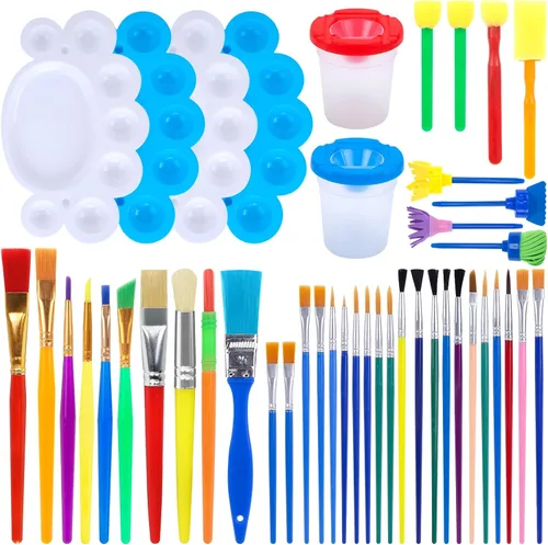 BigOtters Brochas de pintura, 45 piezas de suministros de pintura multiusos para niños, incluye tazas de pintura con tapas, bandeja de paleta,