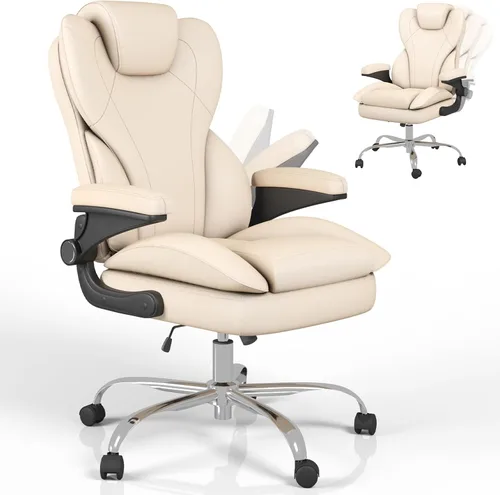 Hovos Silla de oficina, ergonómica grande y alta silla de cuero de escritorio con brazos abatibles acolchados, bloqueo de inclinación ajustable,