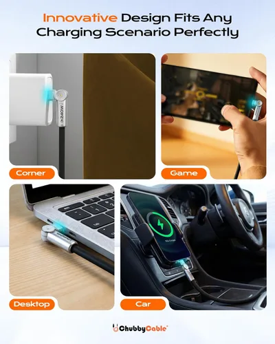 Miniatura 4 de chubbycable Chubby RotateX - Cable de carga rápida giratorio de 240 W, doble 180°, con luz LED, cable USB C de silicona suave, cable de carga extra