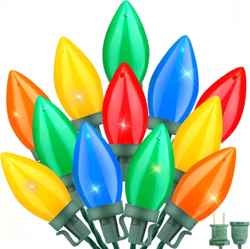 Couah C9 - Tira de luces LED de Navidad, luces LED multicolor vintage de 23 pies con 35 bombillas LED C9 coloridas, tira de luces al aire libre para