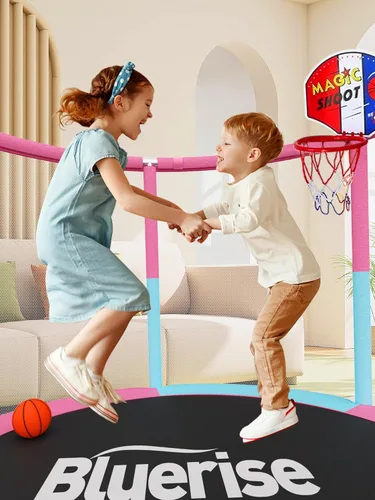 Miniatura 5 de Bluerise - Cama elástica de 55 pulgadas/6 pies, para niños, juego interior y exterior, con canasta de baloncesto para cama elástica, malla de Rosa