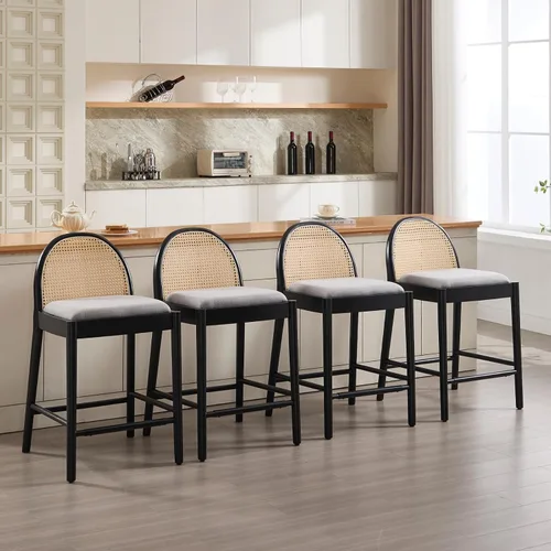 Miniatura 27 de HEAH-YO Taburetes de bar de ratán, juego de 2, taburetes de barra de 26 pulgadas de altura de mostrador con respaldos de ratán y patas de madera