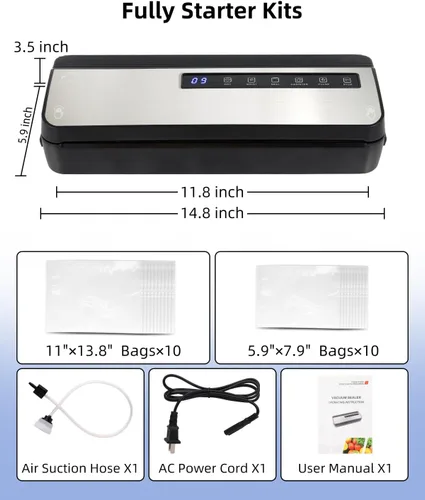 Miniatura 8 de Máquina selladora al vacío para alimentos, 80KPA Potente sellador automático de alimentos 8 en 1 con modos seco y húmedo, almacenamiento de bolsas