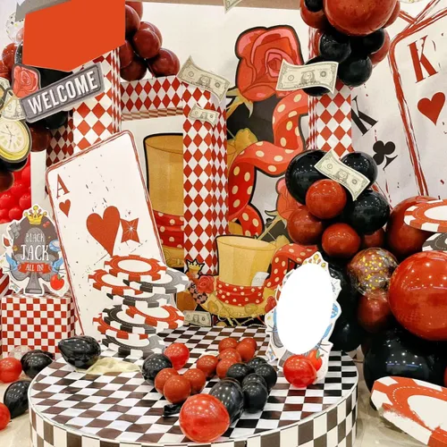 Miniatura 9 de Lukiituke Kit de arco de globos rojos, negros y dorados, 114 globos rojos, negros y dorados, 4 tamaños para cumpleaños, fiestas temáticas de casino