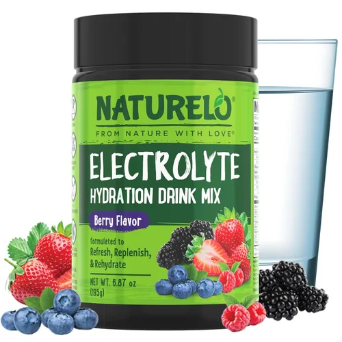 NATURELO Mezcla de electrolitos en polvo, hidratación y bebida mineral, sin azúcar y sabor a bayas sin OMG, 50 porciones