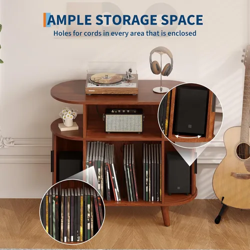 Miniatura 5 de GarveeHome Soporte redondo grande para tocadiscos con estación de carga y puertos USB, soporte para tocadiscos de vinilo rústico, gabinete