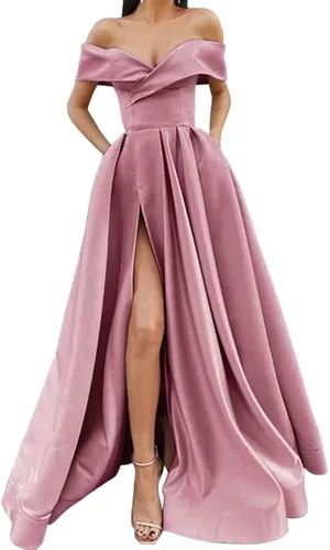 Miniatura 5 de SoDigne Vestidos de graduación con hombros descubiertos y abertura larga para mujer, vestido de fiesta de noche formal de satén con bolsillos