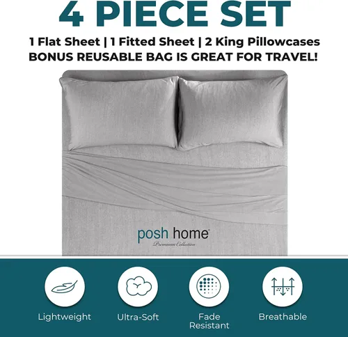 Miniatura 3 de Posh Home Juego de sábanas de punto de jersey, sábanas de 3 piezas, sábanas de jersey de algodón transpirable y suave, incluye sábana encimera