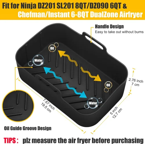 Miniatura 2 de 2 piezas de forros de silicona para freidora de aire rectangular para Ninja Foodi Dual DZ201 8QT/DZ090 6QT, MMH accesorios reutilizables