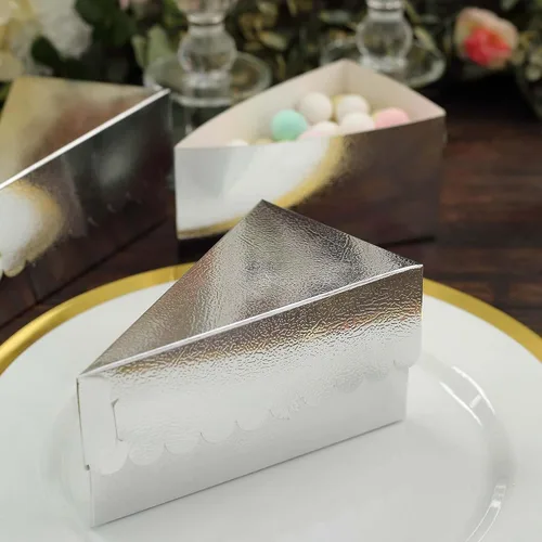 Miniatura 9 de Efavormart - Paquete de 10 cajas de postre de papel triangular de papel de aluminio plateado de 5 x 3 pulgadas, caja de una sola porción con parte