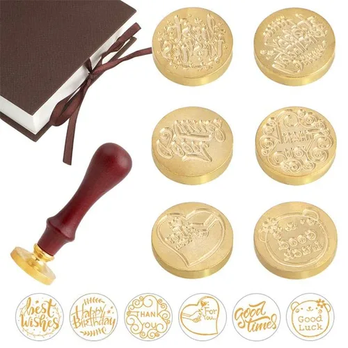 Juego de sellos de cera, 6 piezas de sellos de cera de sellado, cabezales de cobre + 1 empuñadura de madera, kit de sello de cera de sellado con