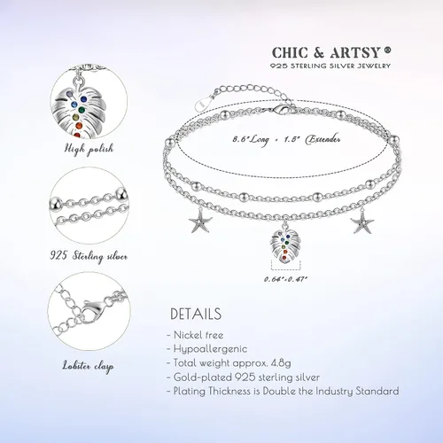 Miniatura 59 de CHIC & ARTSY Tobilleras delicadas de plata de ley S925 para verano, pulsera de tobillo ajustable multicapa para playa, joyería de pie para mujer