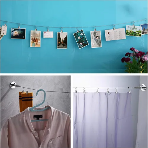 Miniatura 5 de Juego de tendedero de acero inoxidable para exteriores, cuerda de alambre para colgar en la pared, juego de varillas de alambre para colgar fotos