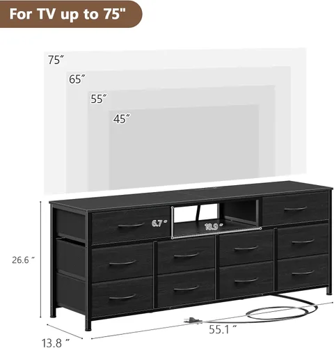 Miniatura 3 de Furnulem Cómoda de 55 pulgadas de largo para dormitorio, soporte de TV para TV de 55 a 65 pulgadas, cómoda negra con 10 cajones de tela, cajonera