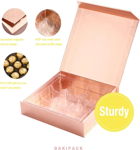 Miniatura 6 de BAKIPACK Juego de 6 cajas de regalo de trufa de oro rosa con bandeja de plástico de 9 piezas, cierre magnético, 5.7 x 5.7 x 1.3 pulgadas