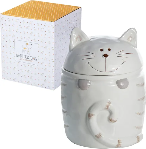 SPOTTED DOG GIFT COMPANY Tarro de cerámica con tapa para encimera, recipiente de golosinas para gatos, bonito tarro decorativo de almacenamiento de
