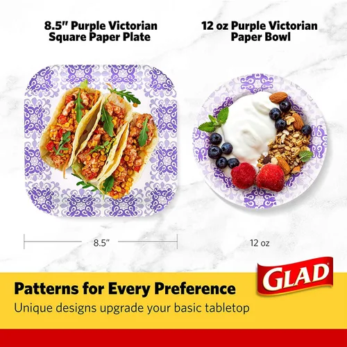 Miniatura 6 de Glad Platos cuadrados de papel resistentes, platos desechables a prueba de remojo y cortes, para fiestas y comidas diarias, aptos para microondas