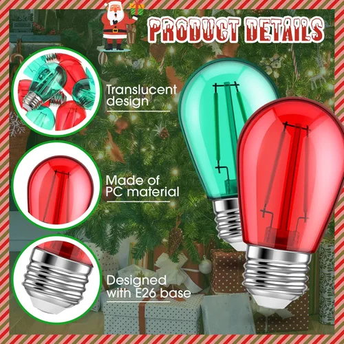 Miniatura 3 de 25 unidades de bombillas LED S14 rojas y verdes de 2W con base E26, bombillas de Navidad de colores rojo y verde, bombillas de cadena