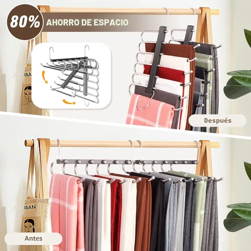 Miniatura 2 de HUITEM - Percha para pantalones que ahorra espacio de 6 niveles, antideslizante, de acero inoxidable, paquete de 2, color negro