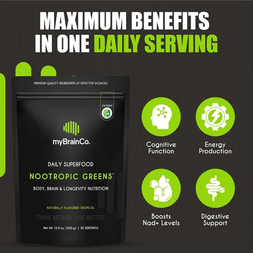 Miniatura 6 de myBrainCo. Verdes nootrópicos - Nutrición premium todo en uno para optimización del cuerpo, cerebro y longevidad. Verdes orgánicos y superalimentos