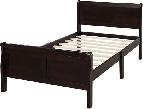 Miniatura 6 de Merax Base de cama de madera tamaño individual, base de colchón con cabecero, estribo, soporte de listones de madera, color espresso
