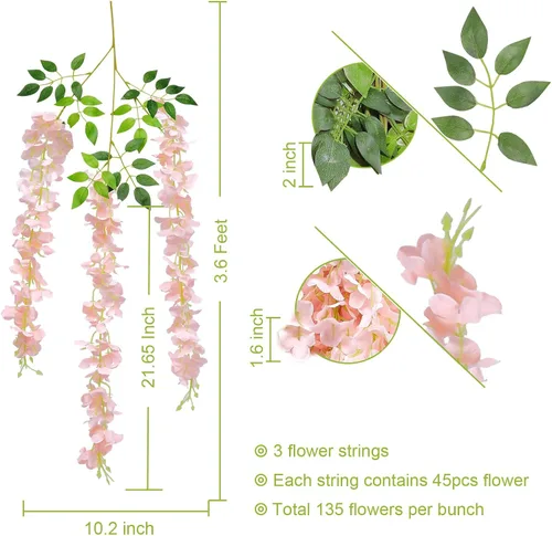 Miniatura 2 de U'Artlines Paquete de 12 (Total 43.2 Pies) Enredadera de Glicinia Artificial Falsa Ratán Guirnalda Colgante Flores de Seda Cadena Casa Fiesta Boda
