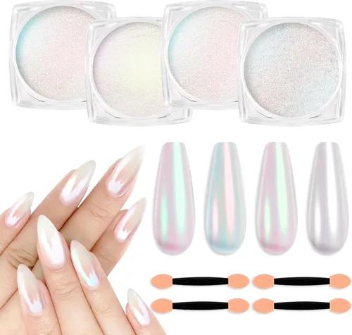 Polvo de uñas cromado de 4 colores, espejo metálico, efecto brillantina, pigmento iridiscente aurora, polvo de perlas de sirena, kit de polvo para