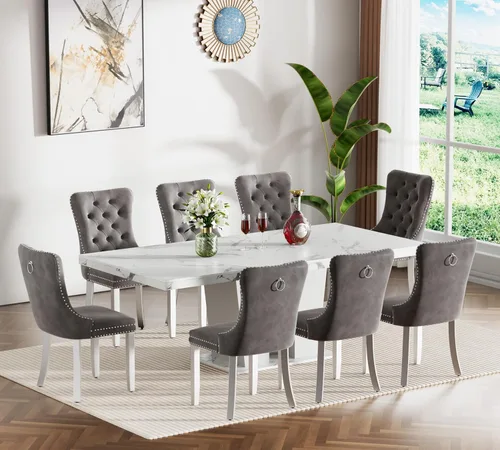 Miniatura 33 de Henf Juego de mesa de comedor extensible de 7 piezas para 6, 160 cm-200 cm Mesa de cocina extensible de grano de mármol blanco con 6 sillas Blanco