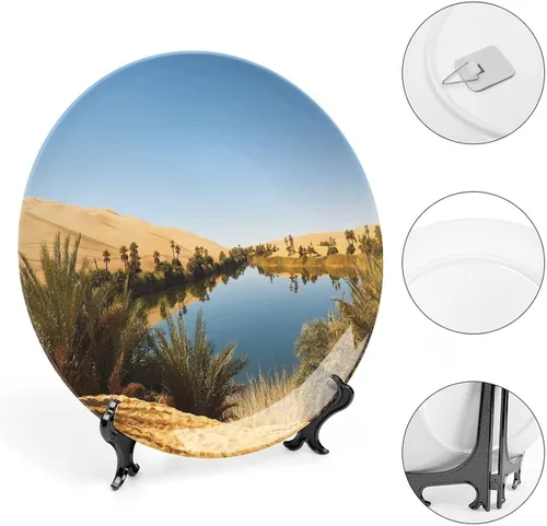 Miniatura 4 de XISUNYA Plato decorativo de 6 pulgadas, artesanía de cerámica del desierto, Oasis idílico Awbari Sand Sea Sahara Libia Pond Print Ornament Plate