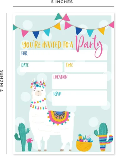 Miniatura 6 de Canopy Street Invitación de fiesta de relleno de llama, 25 invitaciones y sobres de cumpleaños de fiesta de llama, invitación de alpaca plana de 5 x