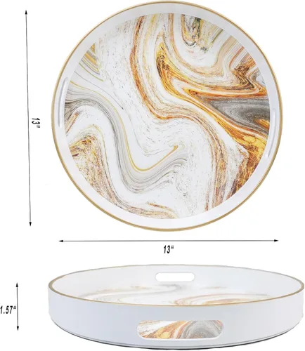 Miniatura 4 de Bandeja decorativa redonda de mármol blanco con asas, bandeja de servir moderna de plástico de 13" para mesa de café, baño, otomano, decoración