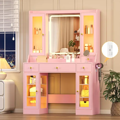 Miniatura 13 de Wodeer Pequeño escritorio de maquillaje con espejo y luces, tocador con armario de cristal, luces LED y toma de corriente, cajón y gabinetes