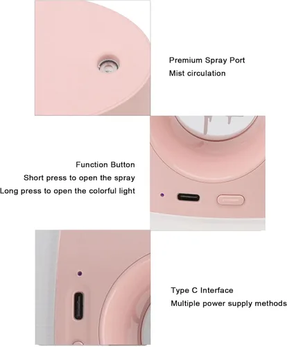 Miniatura 5 de Mini humidificador, humidificador pequeño de niebla fina de nivel nano con luz ambiental colorida, bajo ruido, 11.8 fl oz, gran capacidad, Rosa