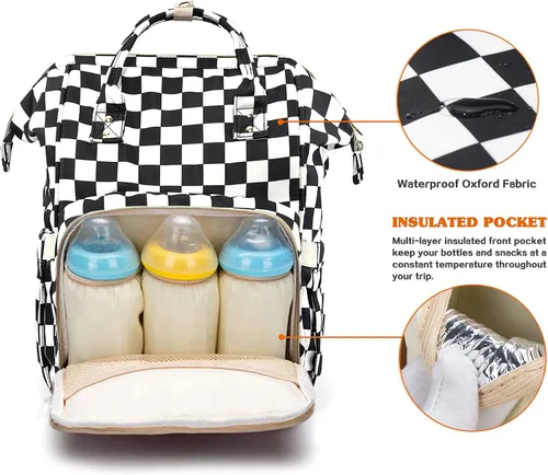 Miniatura 2 de Mochila para pañales para mamá y papá, bolsas cambiadoras de bebé impermeables multifuncionales, mochila grande para pañales cuadriculado