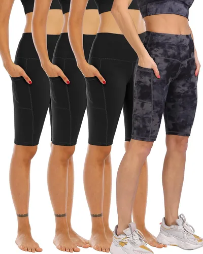 Miniatura 25 de WHOUARE Paquete de 4 pantalones cortos de yoga con bolsillos para mujer, cintura alta, atléticos, correr, entrenamiento, gimnasio, control de abdomen