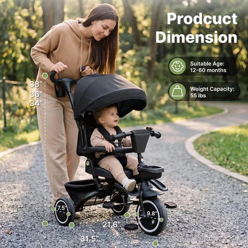 Miniatura 6 de Triciclo 8 en 1 para niños, cochecito de triciclo plegable con asiento reversible, varilla de empuje ajustable y toldo, bicicleta triciclo
